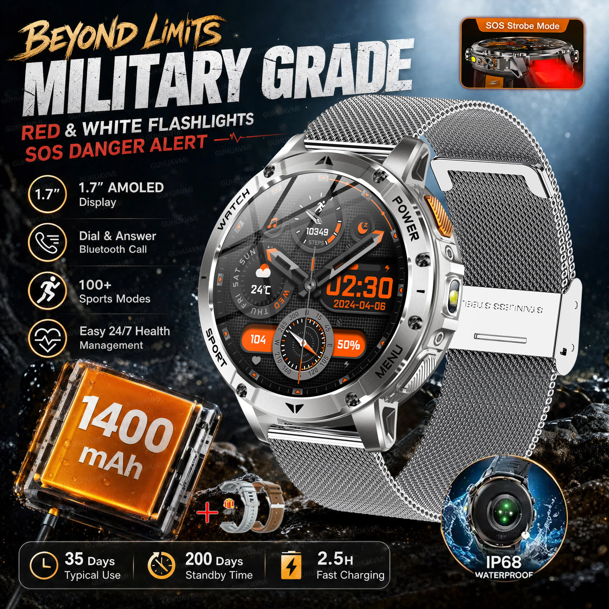Ultra Large 1400mAh Battery Sport Smartwatch 1.7” Heart Rate Tactical Strong Flashlight 5ATM Waterproof Call Smart Watch For Men
