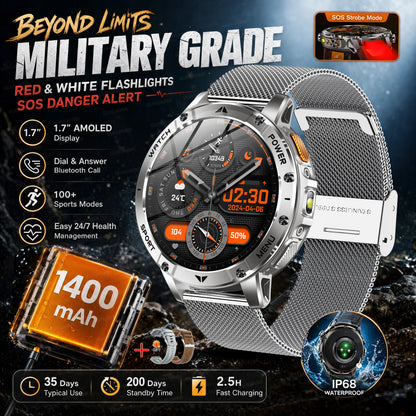 Ultra Large 1400mAh Battery Sport Smartwatch 1.7” Heart Rate Tactical Strong Flashlight 5ATM Waterproof Call Smart Watch For Men