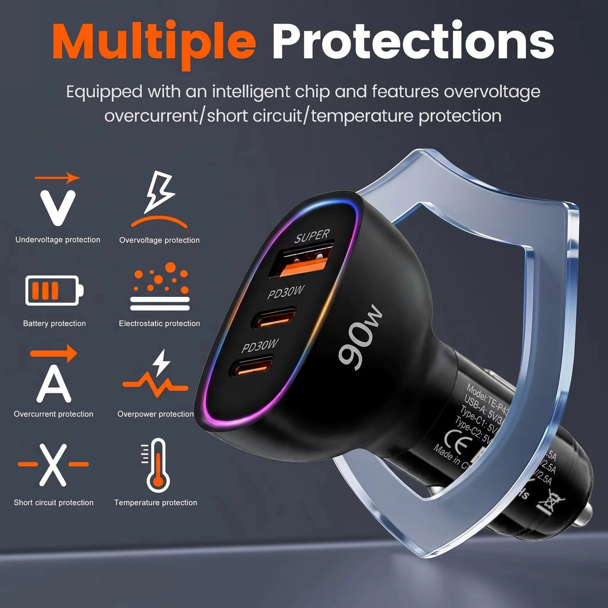 90W USB C Car Charger Fast Charging Multi Port Dual PD 30W Type C USB A 30W Adapter for Laptop Phone MacBook PPS QC3.0 RGB LED