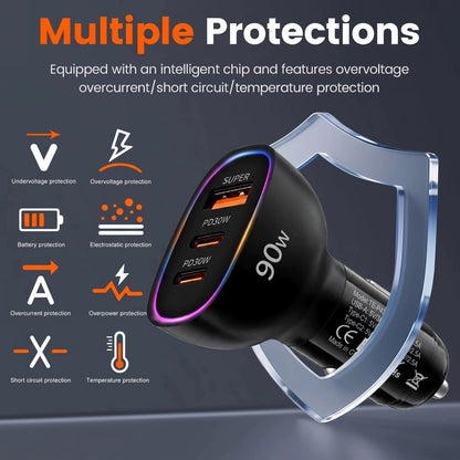 90W USB C Car Charger Fast Charging Multi Port Dual PD 30W Type C USB A 30W Adapter for Laptop Phone MacBook PPS QC3.0 RGB LED