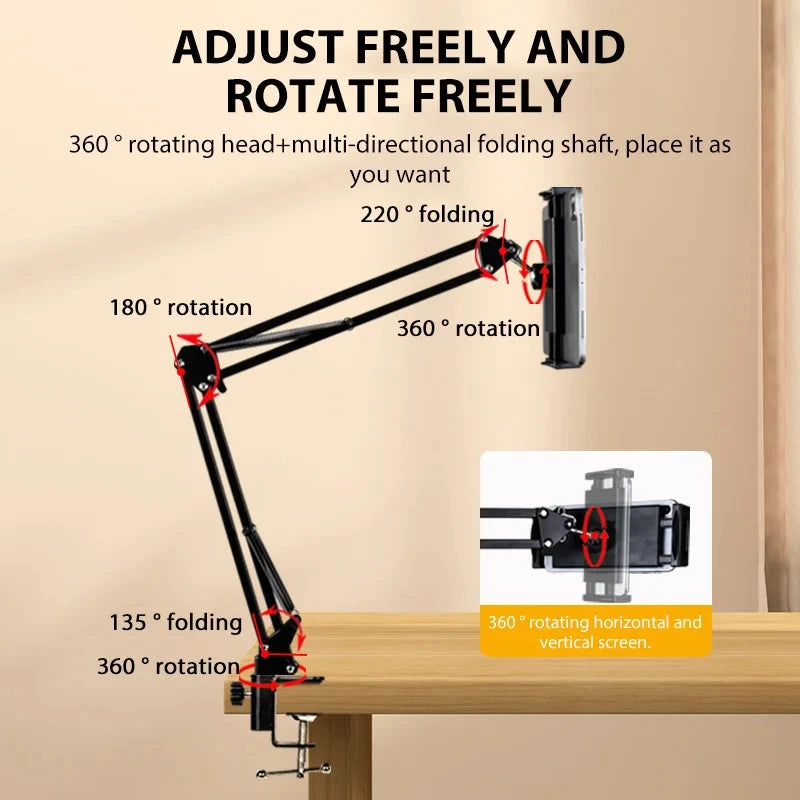 360 °   Adjustable Tablet Phone Stand Rotatable Long Arm Metal Holder for 4-11 Inch iPad iPhone Xiaomi Huawei Samsung