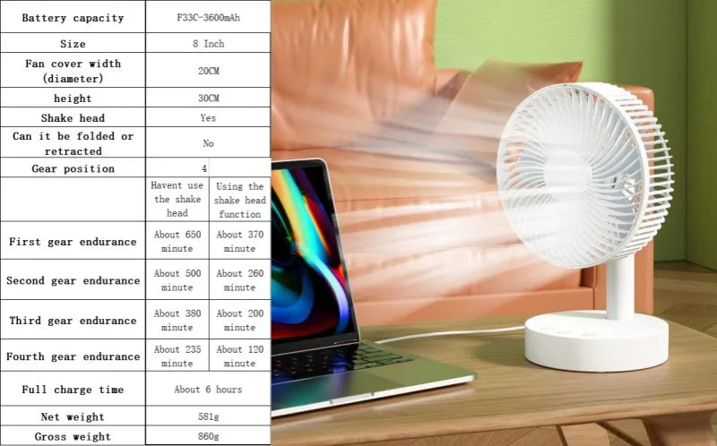 3600mAh USB Desk Fan 4 Speed Adjustable Desktop Table Fan with Strong Wind Quiet Portable Kipas USB Oscillating Fan