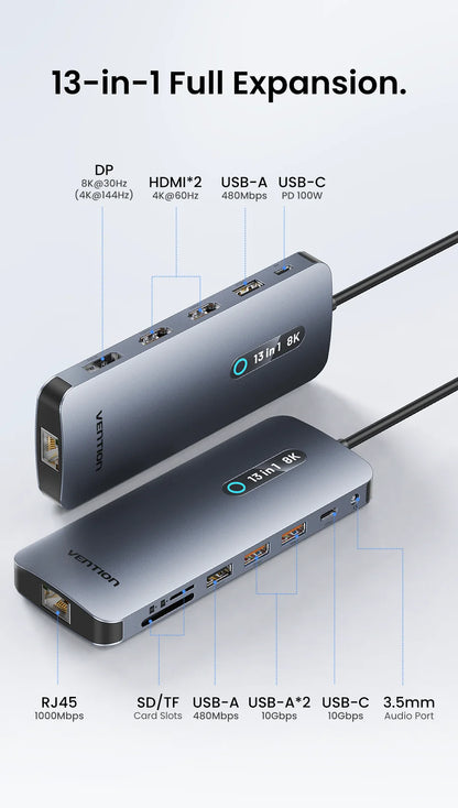 Vention 13 in 1 USB C Docking Station 8K DP Triple Display Dual 4K HDMI USB 3.2 HUB One Touch Screen Off for MacBook Pro Windows