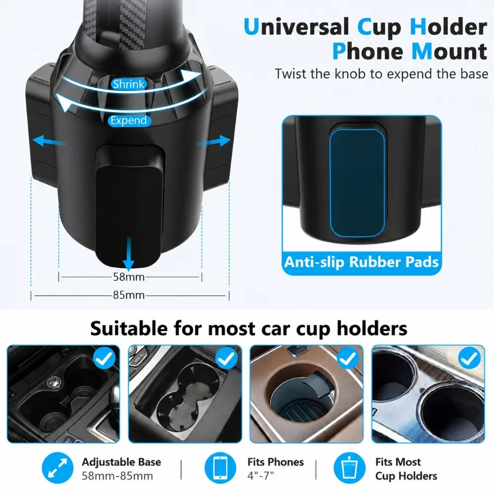 Car Cup Holder Phone Mount Universal for Car, Adjustable Stable Cell Phone Holder 360° Rotation Stand Fits 4-7 Inch Smartphones