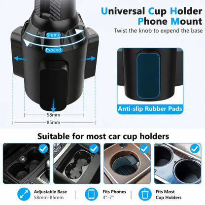 Car Cup Holder Phone Mount Universal for Car, Adjustable Stable Cell Phone Holder 360° Rotation Stand Fits 4-7 Inch Smartphones