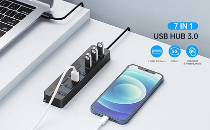 USB Hub 3.0 Multiprise USB High Speed Splitter 7 Port 5Gbps Hub Power Adapter with Switch Long Cable with Multiple Expander Hub