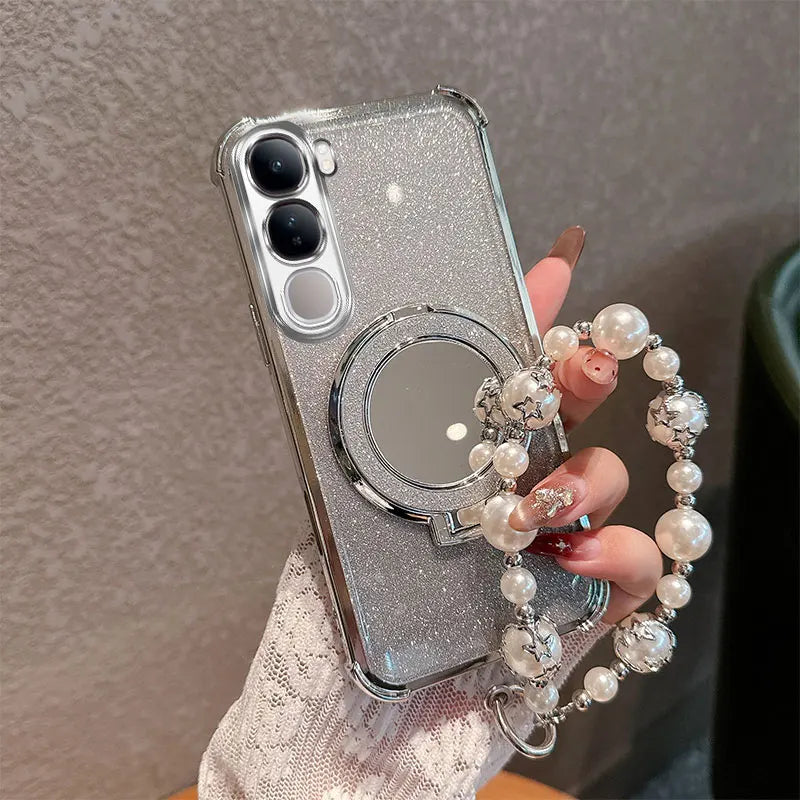 Bling Glitter Lipstick Mirror Stand Phone Case For Vivo Y31 5G Y21D With Pearl Chain Girls Women's Anti-drop Shockproof Cover