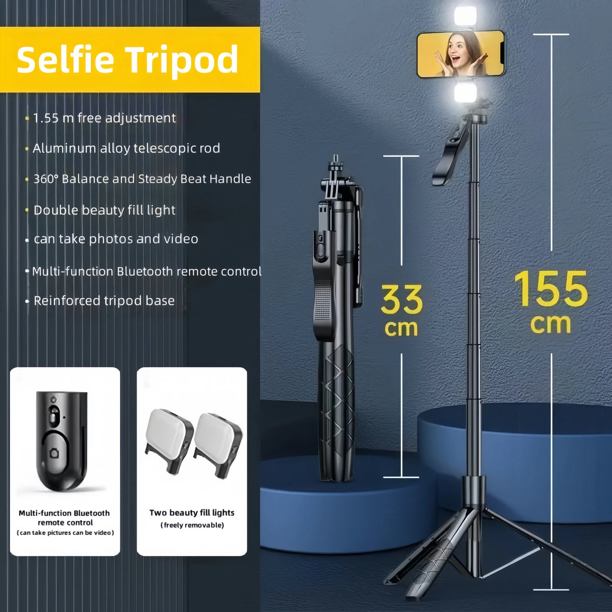 1.55m Extendable Wireless Selfie Stick Tripod with Bluetooth Remote for iPhone Android GoPro,360°Rotation Phone Stand for Videos
