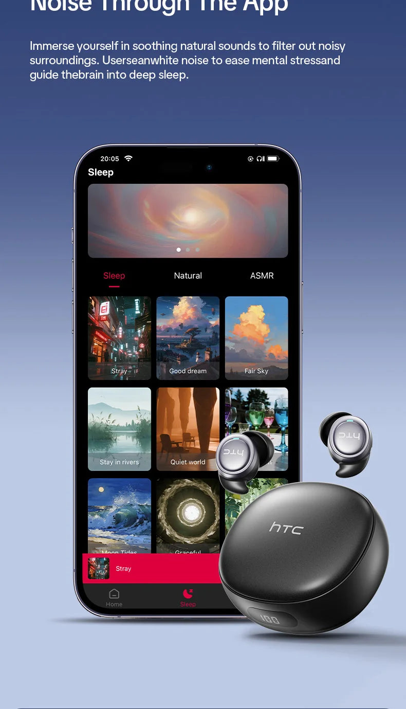 HTC NE96 Bluetooth 6.0 Wireless Earbuds Noise Cancelling Sleep Headphones 30H Battery Life Premium Acoustic Tuning Ultra-light