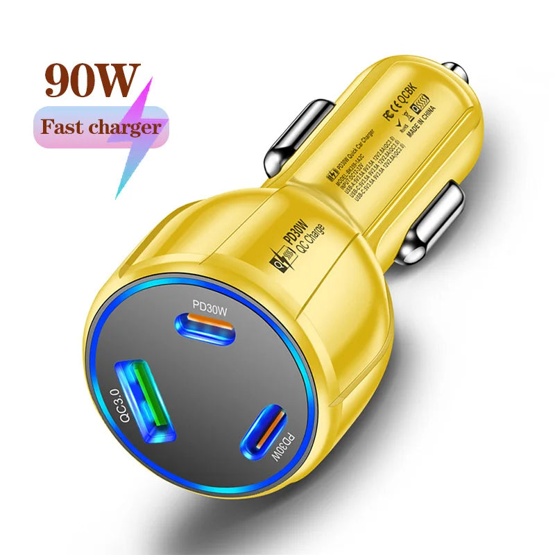 90W 3 Port Car Charger Super Fast Charger QC3.0 PD30W PPS High-Power Cigarette Lighter Fast Charger for iPhone/Huawei/Samsung