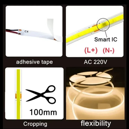 220V COB LED Strip 0.5M-10M Flexible Tape Light Smart IC No Need Driver High Bright 240 LEDs Linear Lighting RA95 Warm Ice Blue