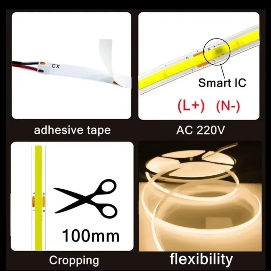220V COB LED Strip 0.5M-10M Flexible Tape Light Smart IC No Need Driver High Bright 240 LEDs Linear Lighting RA95 Warm Ice Blue