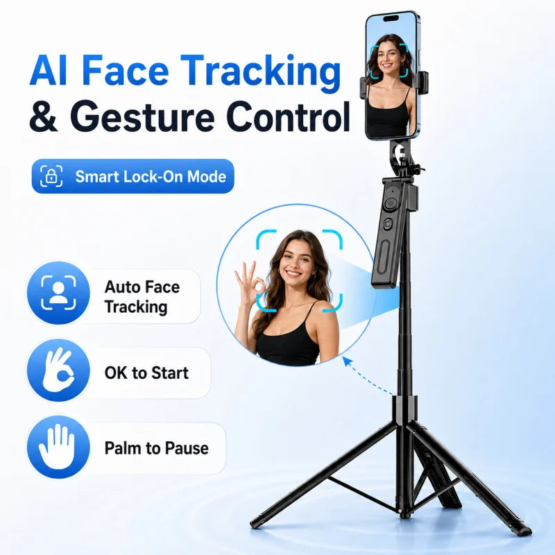 AI Face Tracking Selfie Stick Gimbal Stabilizer, Bluetooth Extendable Phone Tripod with 4-Axis Anti-Shake, Fill Light, Smart Aut