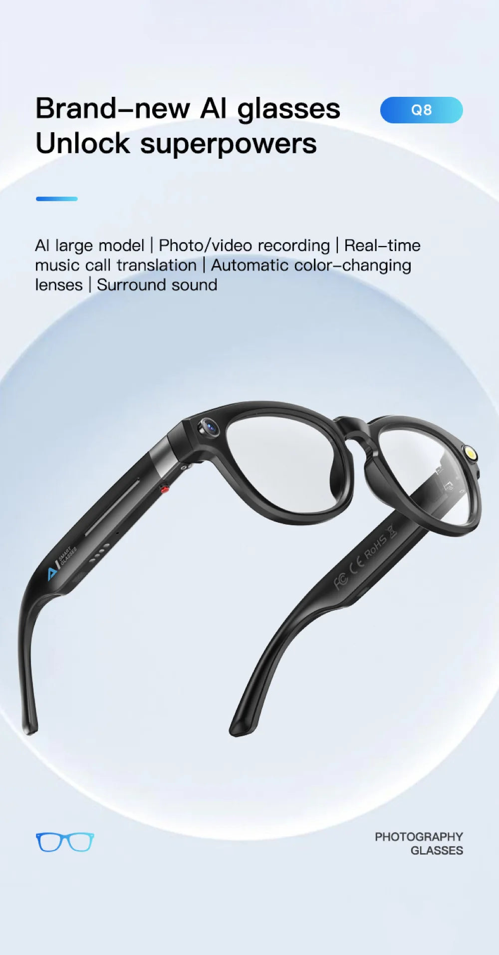 AI Shooting Smart Glasses Blue Tooth Call Automatic Color Changing Lenses Real Time Translation Music 4K Camera Men Women