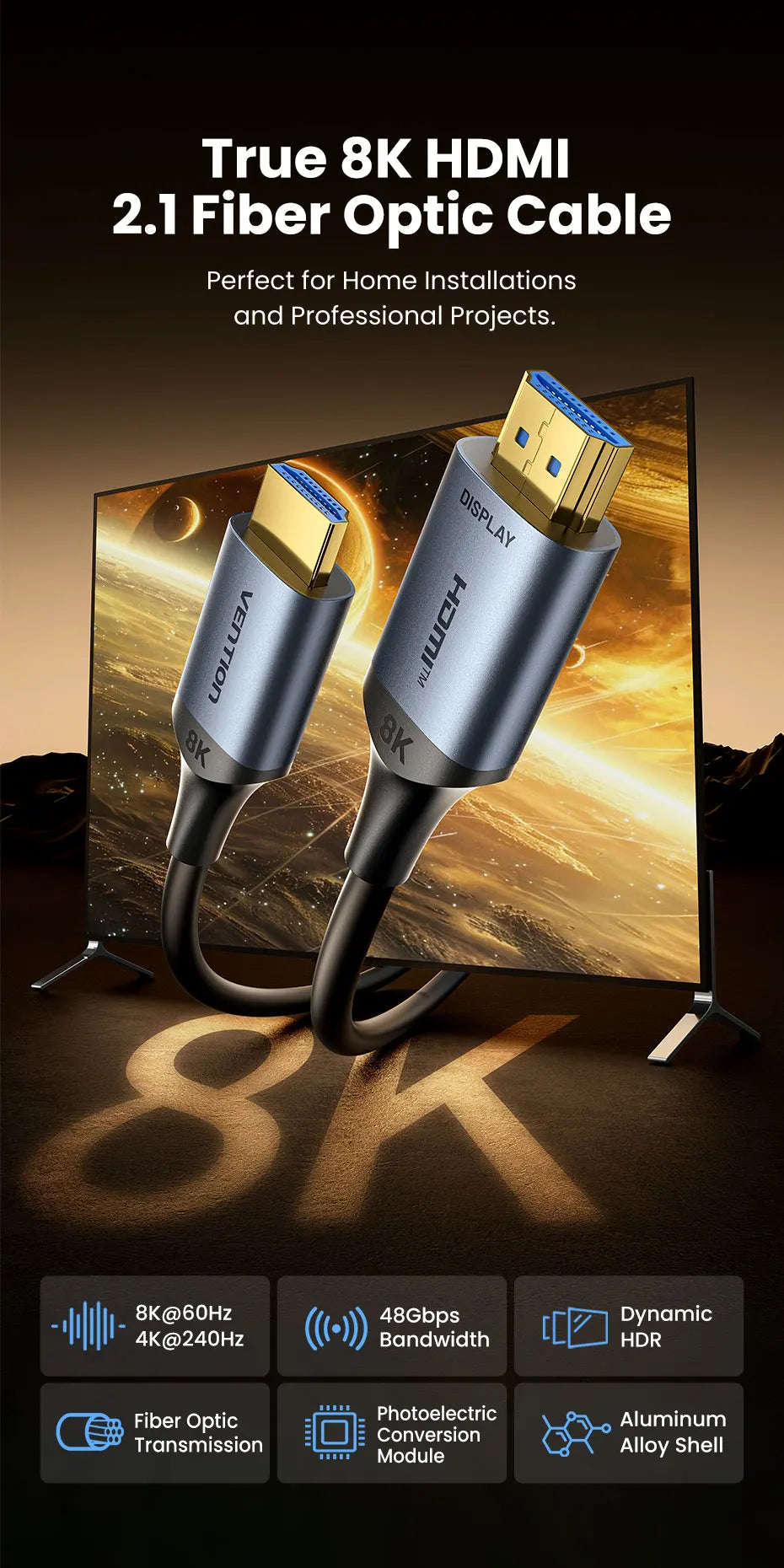 Vention 8K Fiber Optic HDMI 2.1 Cable 4K240Hz Dynamic HDR/VRR/ALLM/HDCP 2.3 Compatible for Samsung LG TV Box PC PS5/4 HDMI Cable