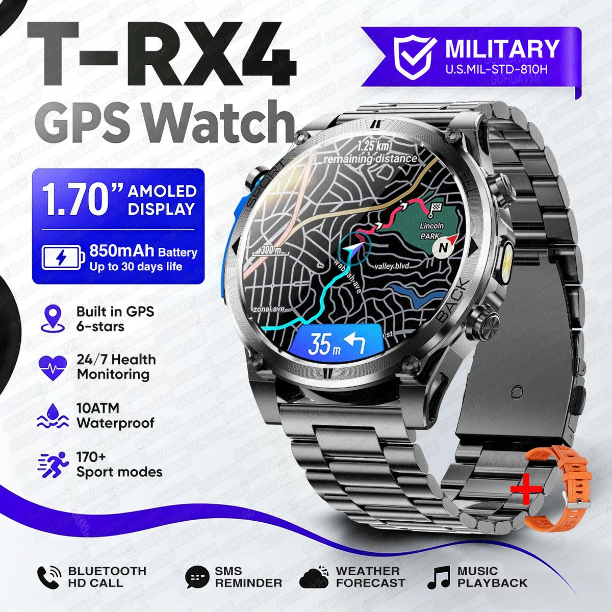 T-RX4 Ultra GPS Outdoors Military Smart Watch Men 1.7" AMOLED Compass 10ATM Waterproof 850mAh Battery Bluetooth Call Smartwatch