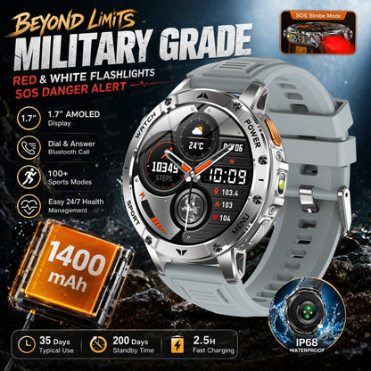 Ultra Large 1400mAh Battery Sport Smartwatch 1.7” Heart Rate Tactical Strong Flashlight 5ATM Waterproof Call Smart Watch For Men
