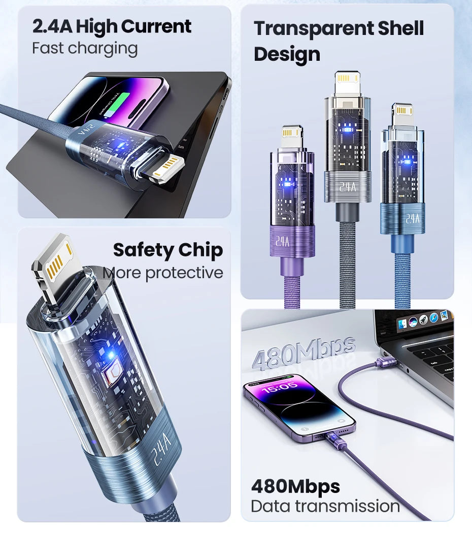 Toocki USB A to Lightning Cable 2.4A Smart Auto Power-off Fast Charging Data Wire for iPhone 14 13 12 11 Pro Max XS 8 7 SE iPad