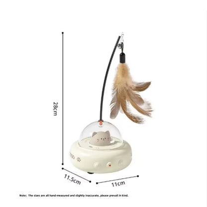Electric UFO Smart Teaser Cat Toy with Bell Interactive Pet Teaser Stick Replaceable Feather Design for Training And Interactive