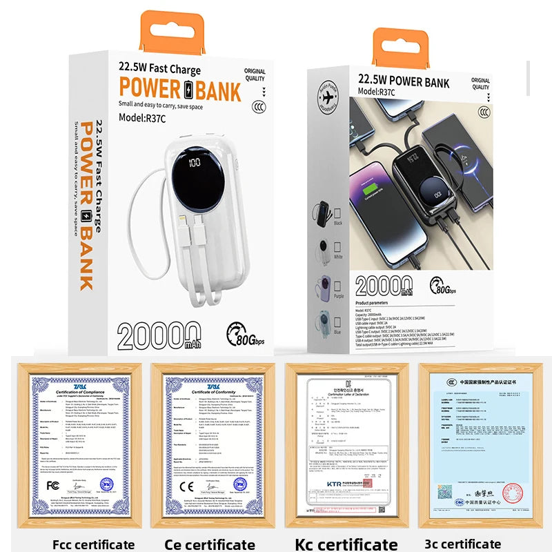 CCC Certified 20000mAh Mini Power Bank, 22.5W PD Fast Charging Built-in Cable, Portable Charger for iPhone Samsung Airplane Safe