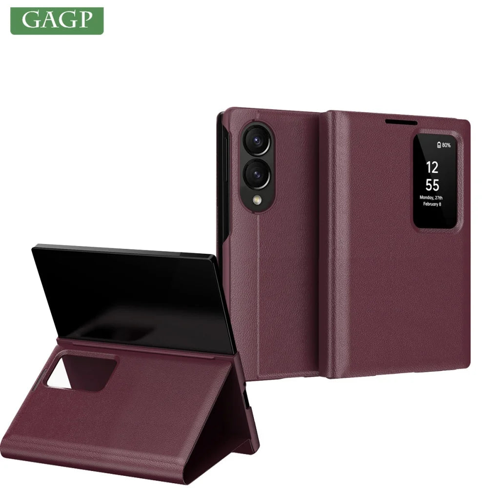 Luxury Leather Wallet Card Slot Smart View Case for Samsung Galaxy Z Fold 8 Fold8 Wide Flip-Free Answering Wake Up Flip Cover