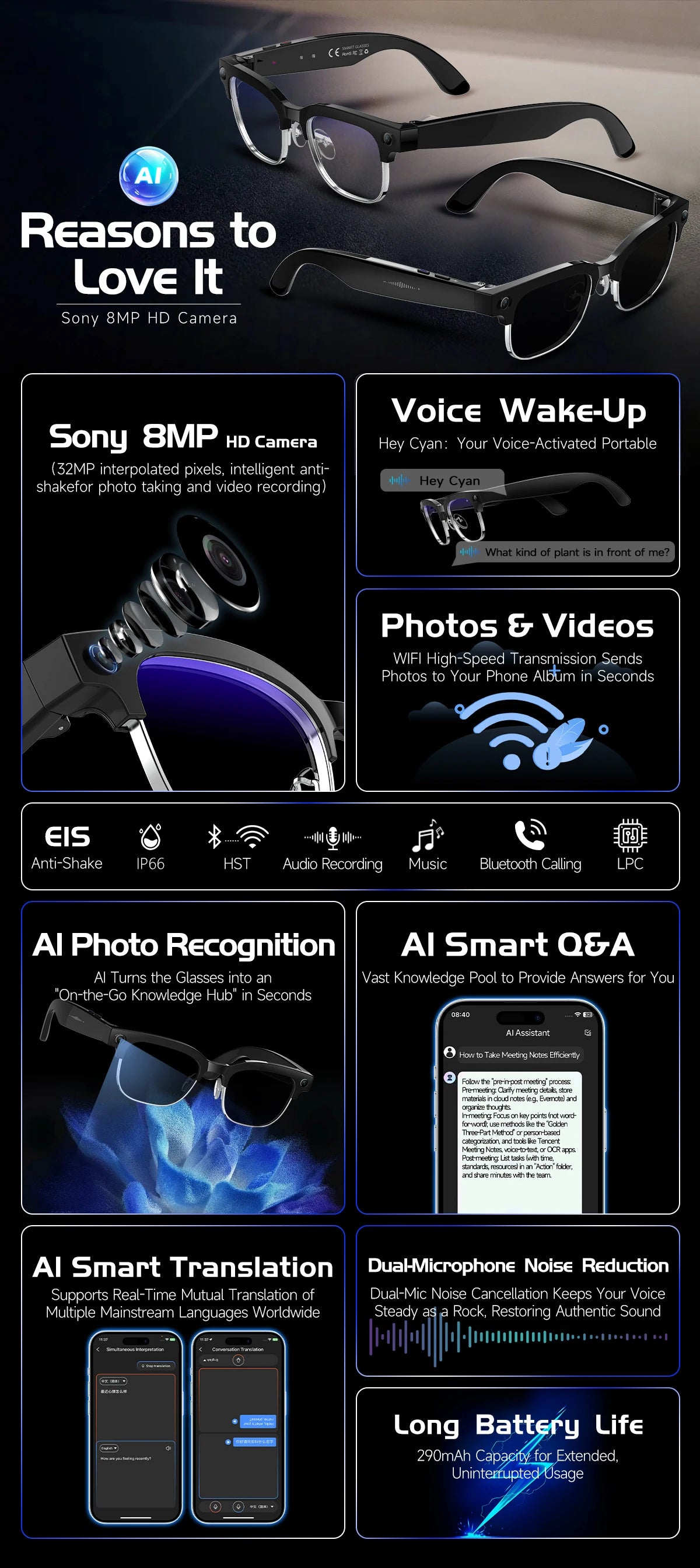 2026 New HD 800W Pixel Smart Glasses with Camera 1080P Video Recording WIFI ChatGPT Translation Music Call Earphones Sunglasses