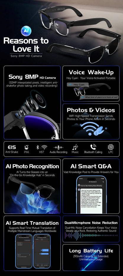 2026 New HD 800W Pixel Smart Glasses with Camera 1080P Video Recording WIFI ChatGPT Translation Music Call Earphones Sunglasses