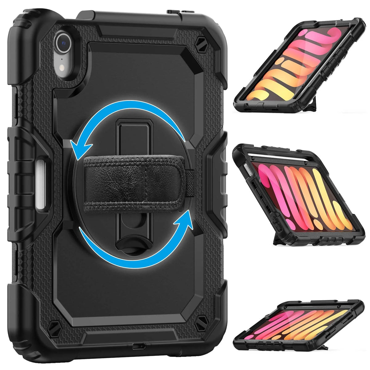 Case for iPad Mini 7 (A17 Pro)2024/ Mini 6 8.3'' with Screen Protector Pencil Holder [360 Rotating Hand Strap] &Stand Shockproof