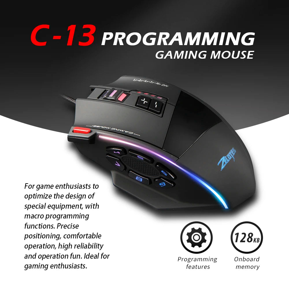 ZELOTES C13 Wired Mouse 10000DPI Programmable Gaming Mouse 13 Buttons RGB Light Laser Mouse for Gamer Computer PC Laptop