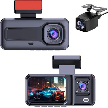 3 Channel Dash Cam – 1080P Front/Cabin/Rear, Night Vision, Loop Recording