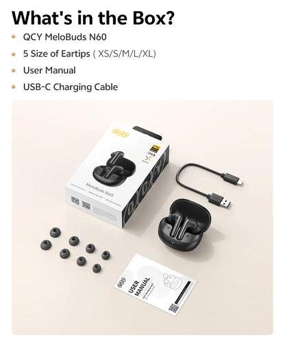 QCY MeloBuds N60 HT19 Wireless Bluetooth 6.0 Earphones 56dB Hybrid ANC LDAC Hi-Res Audio with Coaxial Dual Driver Earbuds 45Hrs