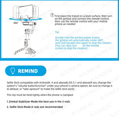 360 Rotation Following Shooting Mode Gimbal Stabilizer Selfie Stick Tripod Gimbal For iPhone Phone Smartphone Live Photography