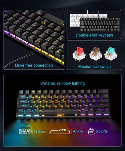 Teclado Mecánico 60% Gaming Keyboard Gamer Mechanical Keyboards PC Teclados Laptop Oficina Mini Key Board Klavye Teclas White