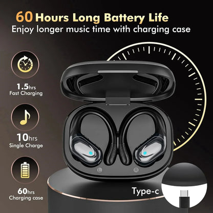 Bluetooth 6.0 Ear Hook Headphones TWS Wireless Earphones HiFi Stereo Waterproof Headsets LED Display Long Standby Button Earbuds