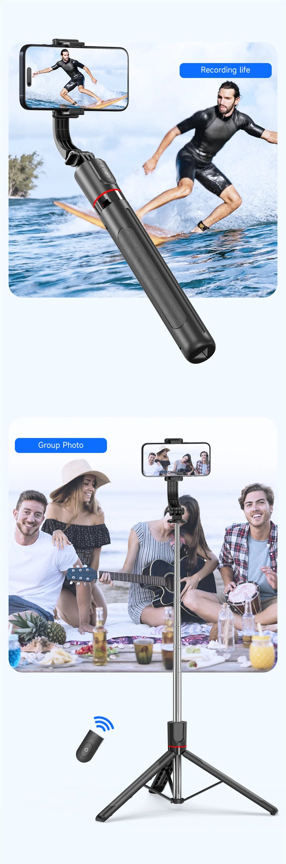 FANGTUOSI Selfie Stick Tripod with Bluetooth Remote, 6-Section Extendable Pole, 360° Rotation, Fill Light Option, for Phone Vlog