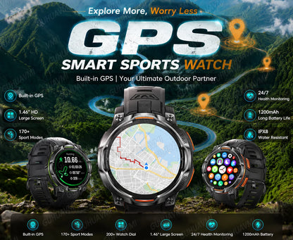 New Technology 2026 Offline Map GPS Smart Watch Men 1200mAh Battery Waterproof Compass Altimeter 100+Sports Military Smart Watch