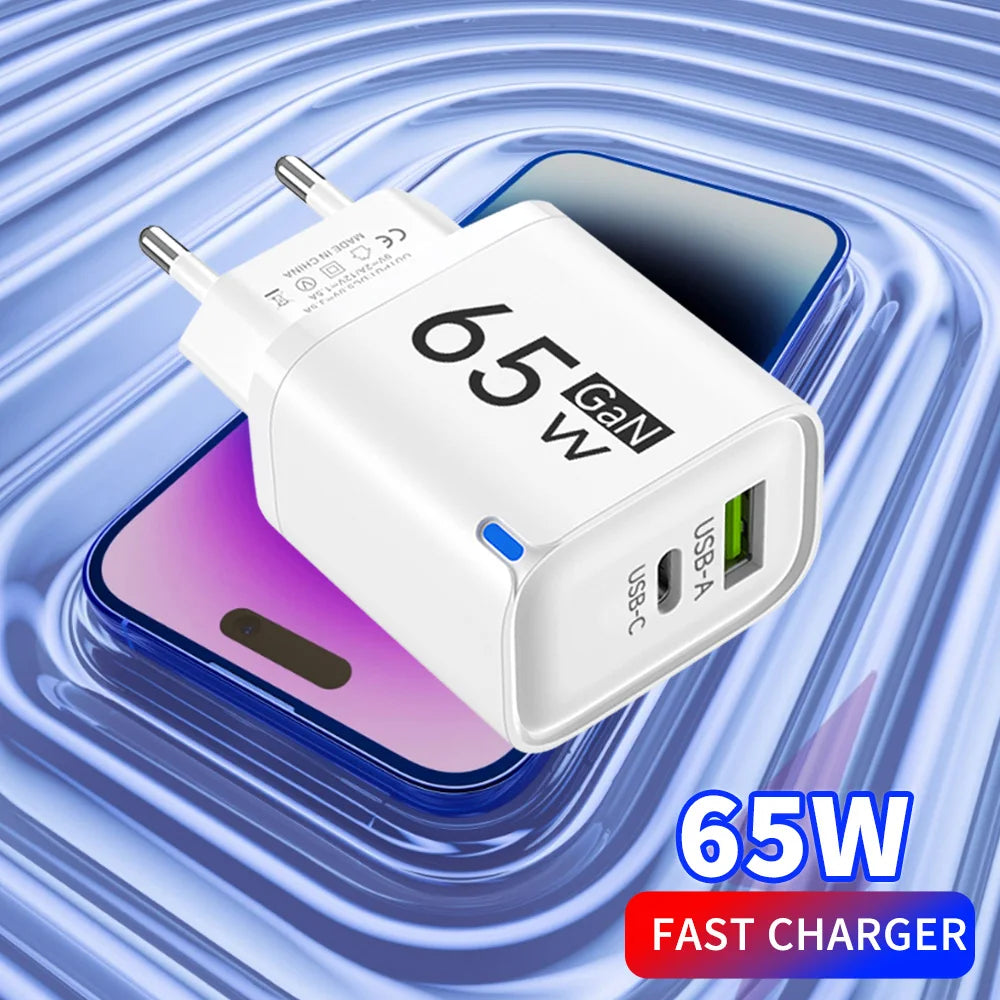 65W USB-C Fast Charger PD Type-C Dual Ports Mobile Phones Charging Adapter EU US UK Plug For iPhone Samsung Xiaomi