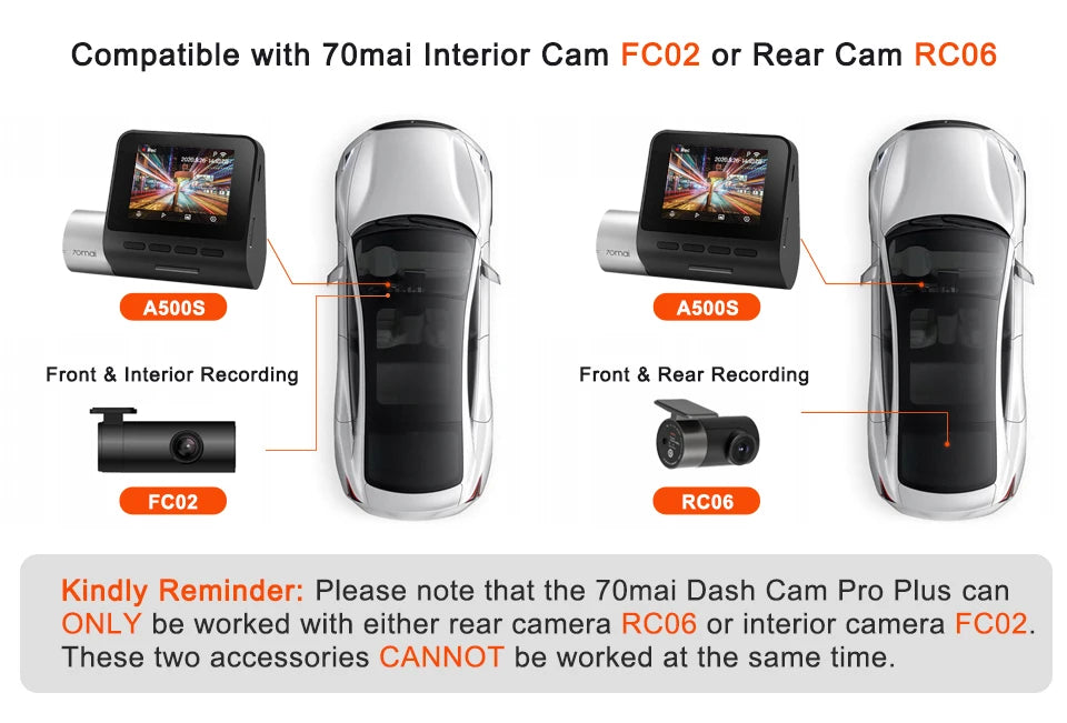 70mai Dash Cam Pro Plus A500S 1944P ADAS GPS Camera 70mai Front Cam A500S 140FOV Car DVR 24H Parking Support Rear Interior Cam