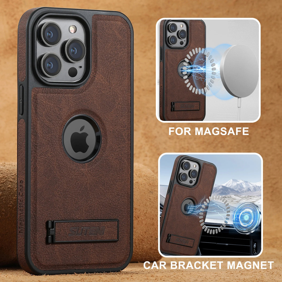 For Magsafe Invisible Bracket Cover For iPhone 12 13 14 15 16 17 18 Pro Max Magnetic Leather Phone Case For IPhone 17 18 Pro Max