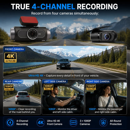 4K 4-CHs Dash Cam WiFi GPS, Front Rear Left Right Car Video Recorder, 24H Parking Monitoring Night Vision Dashcam Supercapacitor
