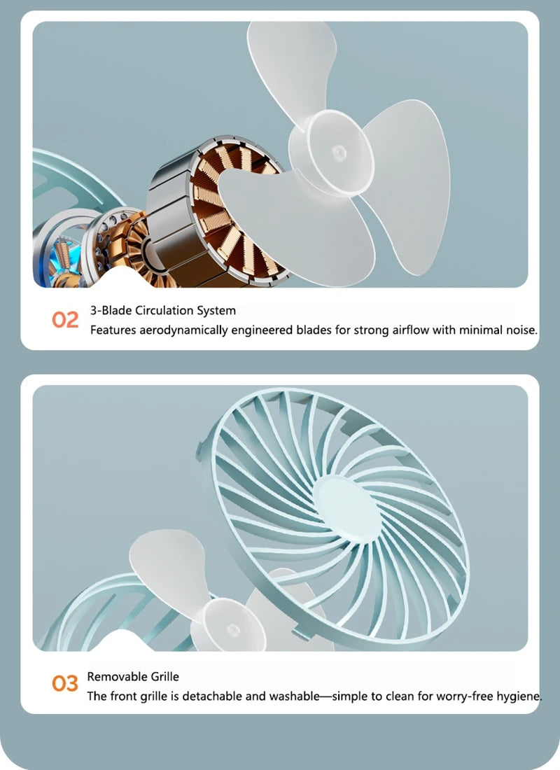 720°Rotatable Clip Fan Mini Cooler Fan Built In Night Lamp USB Rechargeable Personal Portable Fan For Outdoor Camping Ventilador