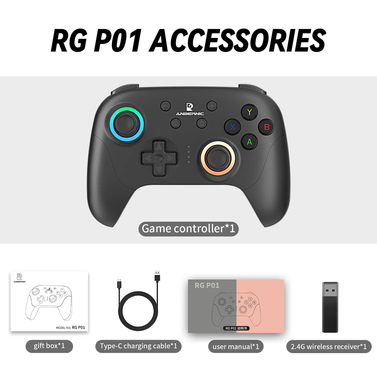 Anbernic RG G01 / RG P01 Retro Games Controller Hall Effect Triggers XBOX Gamepad for PC Android IOS Steam Linux Supports Bluetooth 5.3/Wired/2.4G Wireless
