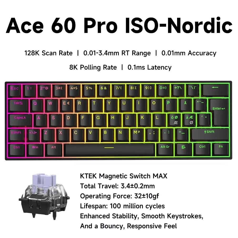 MCHOSE ACE 68 Magnetic Switch Gaming Keyboard Hall Effect Rapid Trigger Programmable RGB 8K Hz DKS/MT/TGL/RS/SOCD Keyboard
