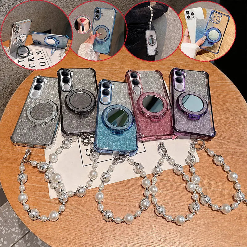 Bling Glitter Lipstick Mirror Stand Phone Case For Vivo Y31 5G Y21D With Pearl Chain Girls Women's Anti-drop Shockproof Cover