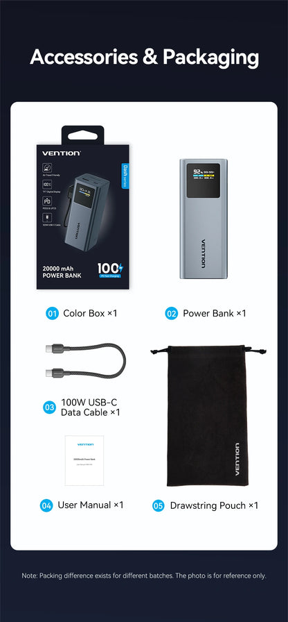 Vention 100W 20000mAh Power Bank PD External Battery PowerBank for iPhone 17 Fast Charging With USB-C Cable TFT Digital Display