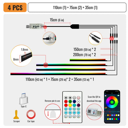 110cm  APP Control Car Ambient Lights LED Interior RGB Symphony Atmosphere Light  Acrylic Strips Dashboard Decoration Sunroof