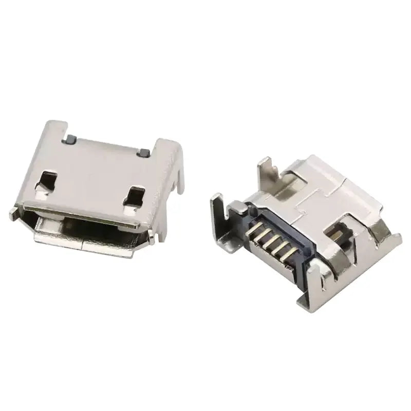 10PCS Micro USB Android Female Charging Socket, Flat Edge Crimped Type, 5Pin, 4 Mounting Pins, SMD & DIP Tail Connector