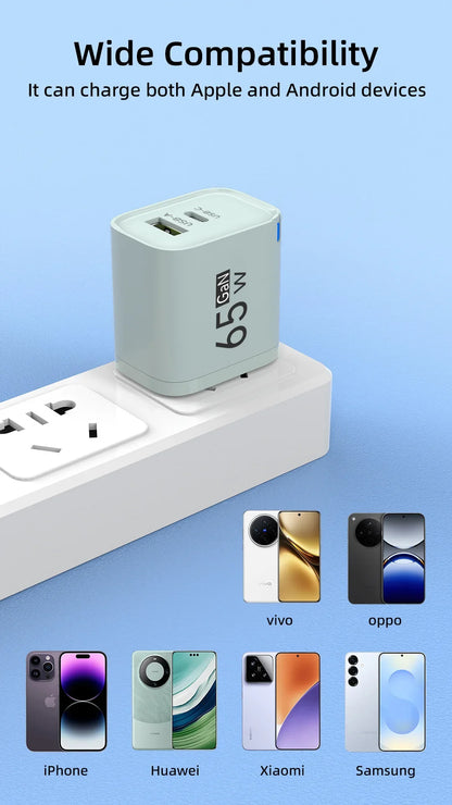 GaN 65W USB Type C Fast Charger 2 in 1 Portable Phone Wall Charger Quick Charge EU US UK Plug For iPhone Samsung Xiaomi Huawei