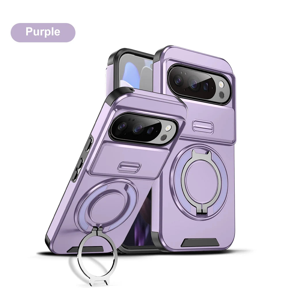 Heavy Duty Rugged Phone Case for Google Pixel 10 9  Pro XL 7 8 9 10 Pro 8A 9A Cases with Sliding Lens Cover Ring Kickstand Funda