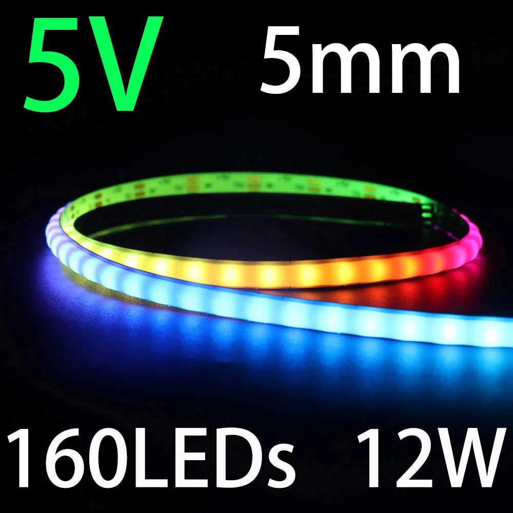 COB Smart LED Strip Light DC 5V 12V Individually Addressable 160LED Dream Colour 5mm RGB Pixel LED Tape Ribbon DIY Dimmable